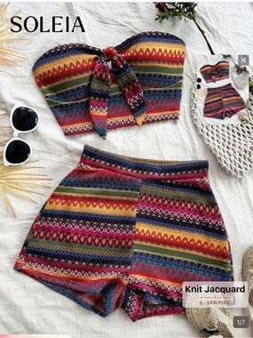 SHEIN Multicolor Strapless Knit Jacquard Crop Top & High-Waist Shorts Set